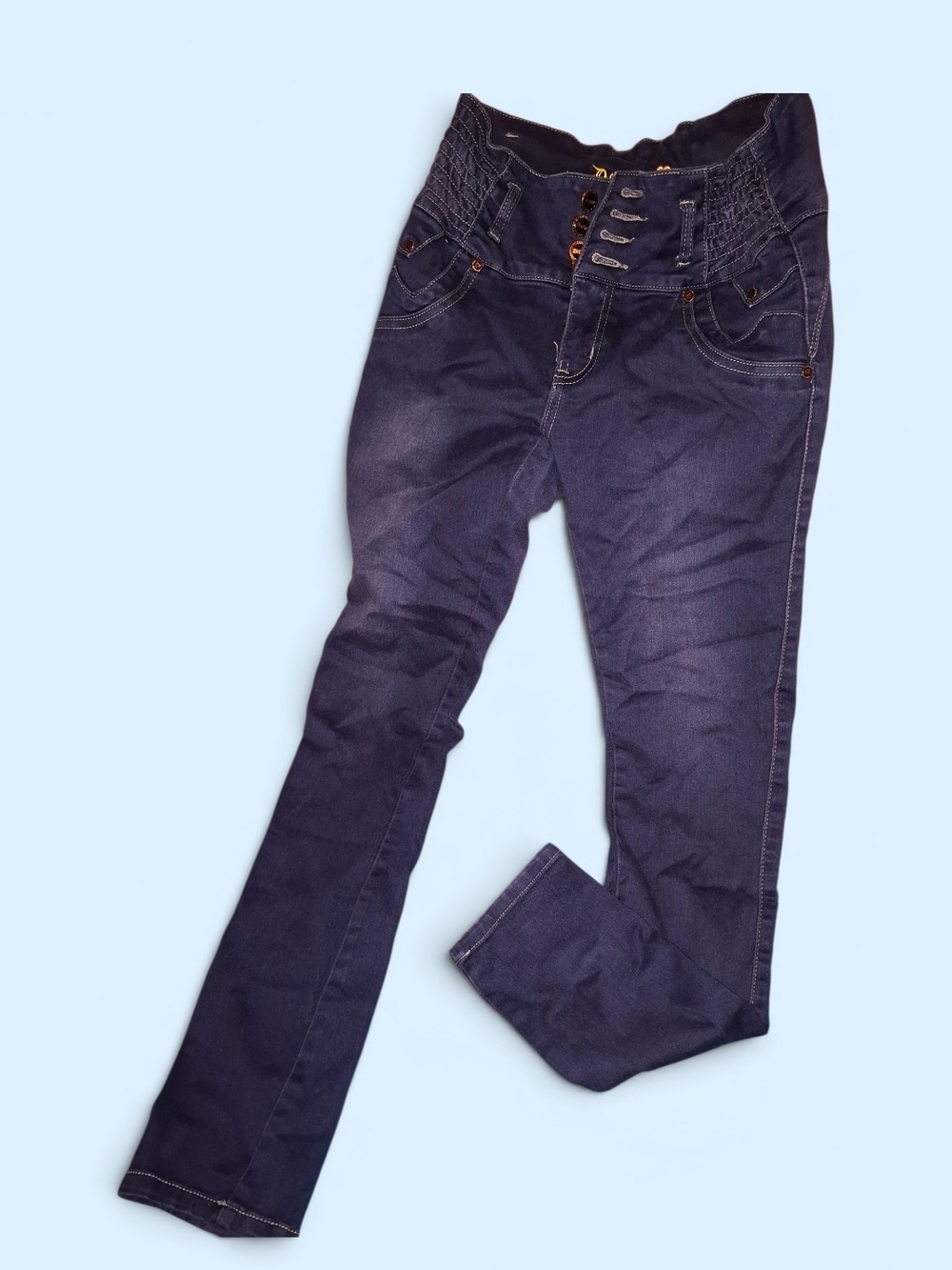 High-Rise Dark Blue Skinny Jeans with Smocked Waist